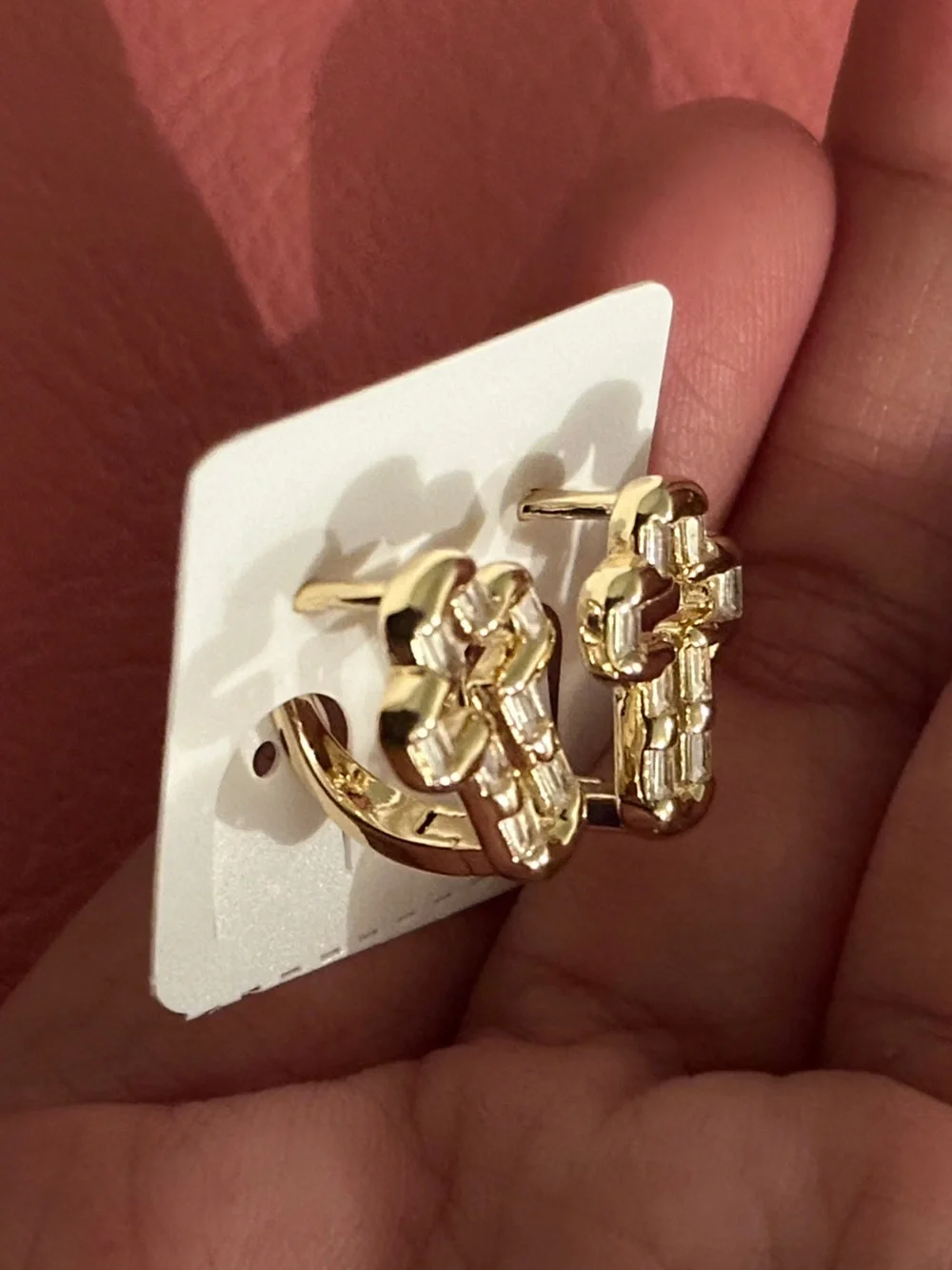 Gold Cross Huggie Earrings Religious 14kGP